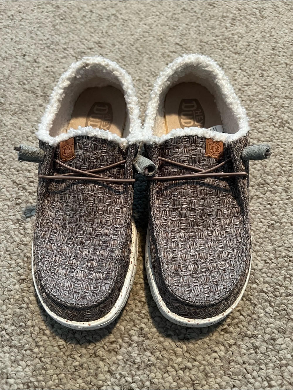 Hey Dude Brown Woven Slip-Ons with Cream Sherpa Collar